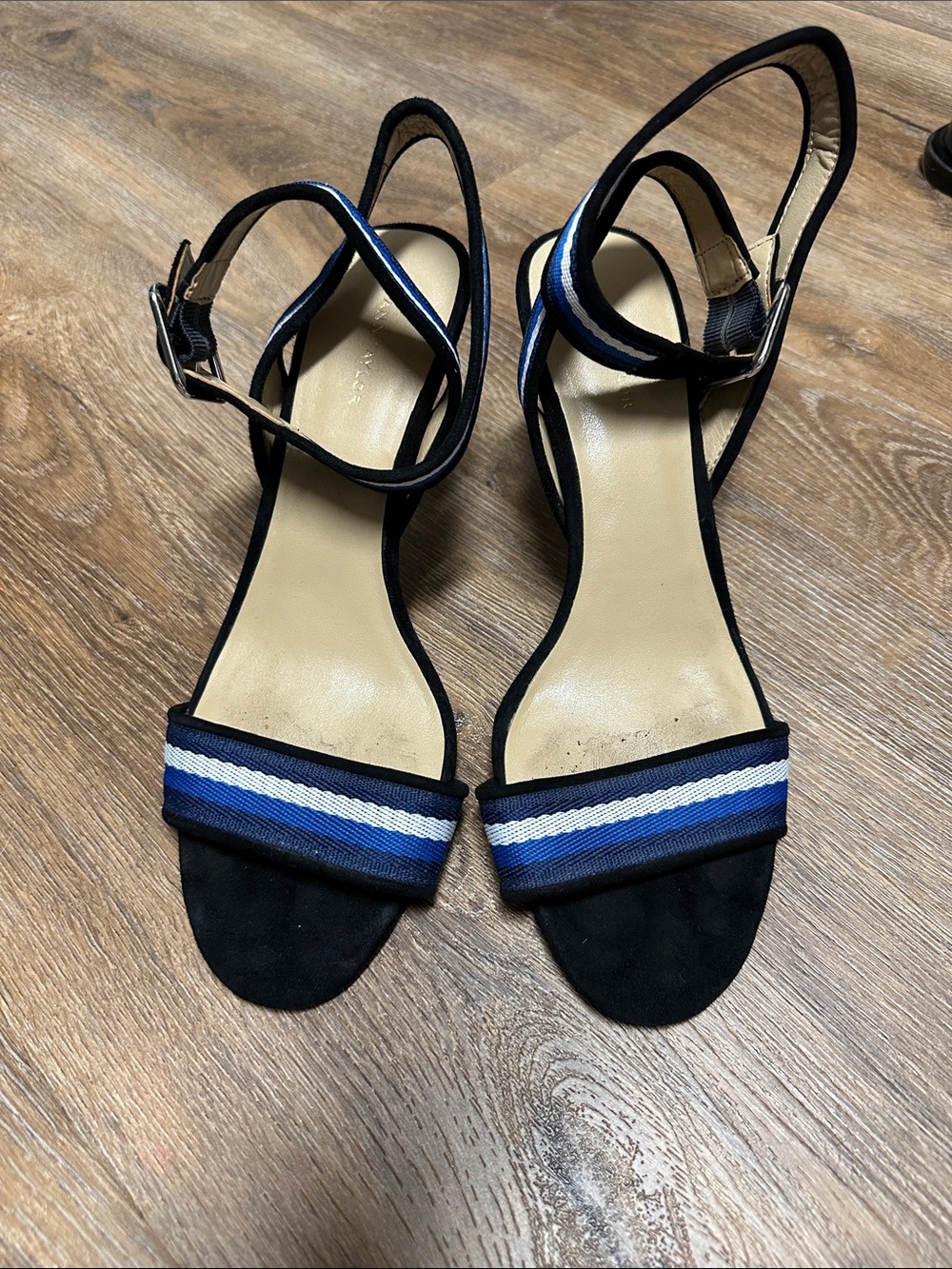 Ann Taylor Black Sandals with Blue and White Striped Band